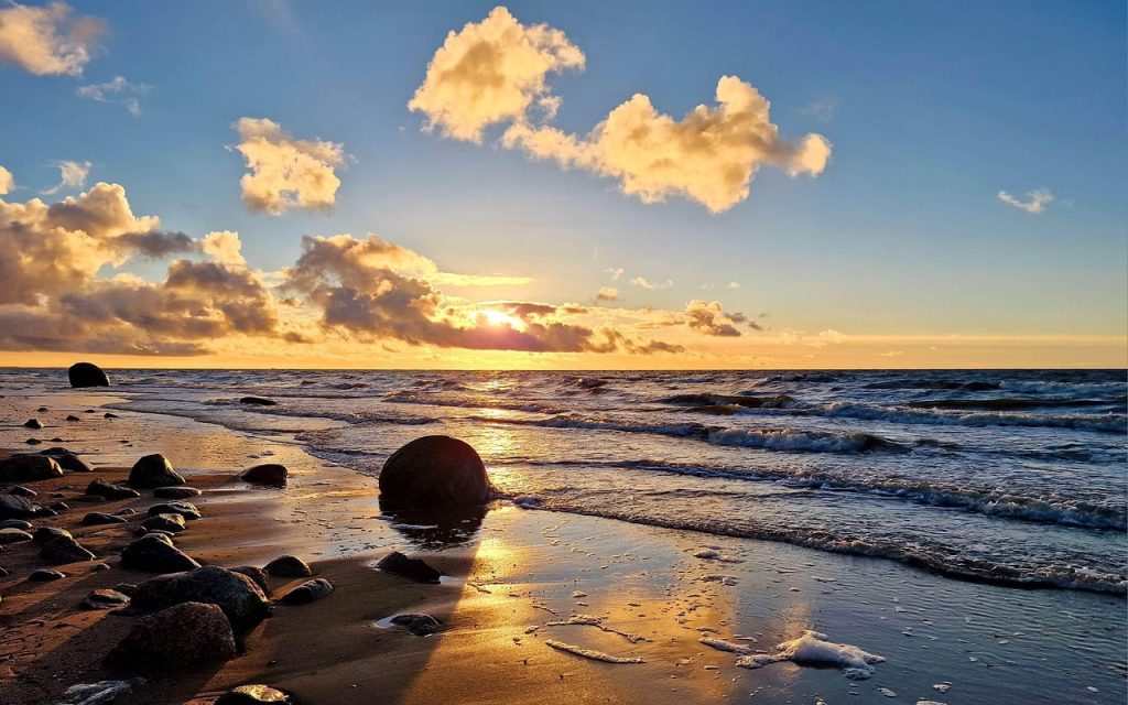 beach, latvia, sea, clouds, sunset, rocks, horizon, nature, waves, baltic